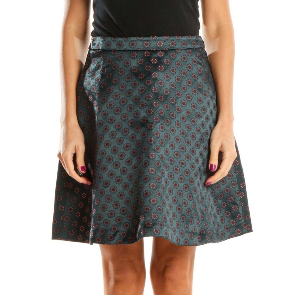 Ann Taylor LOFT Size 12 A-Line Skirt Green Floral Sateen Knee Length Flare New - Picture 2 of 9